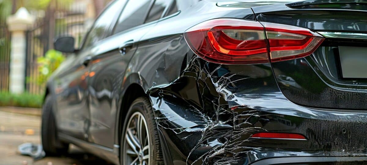 Car bumper dented and damaged.