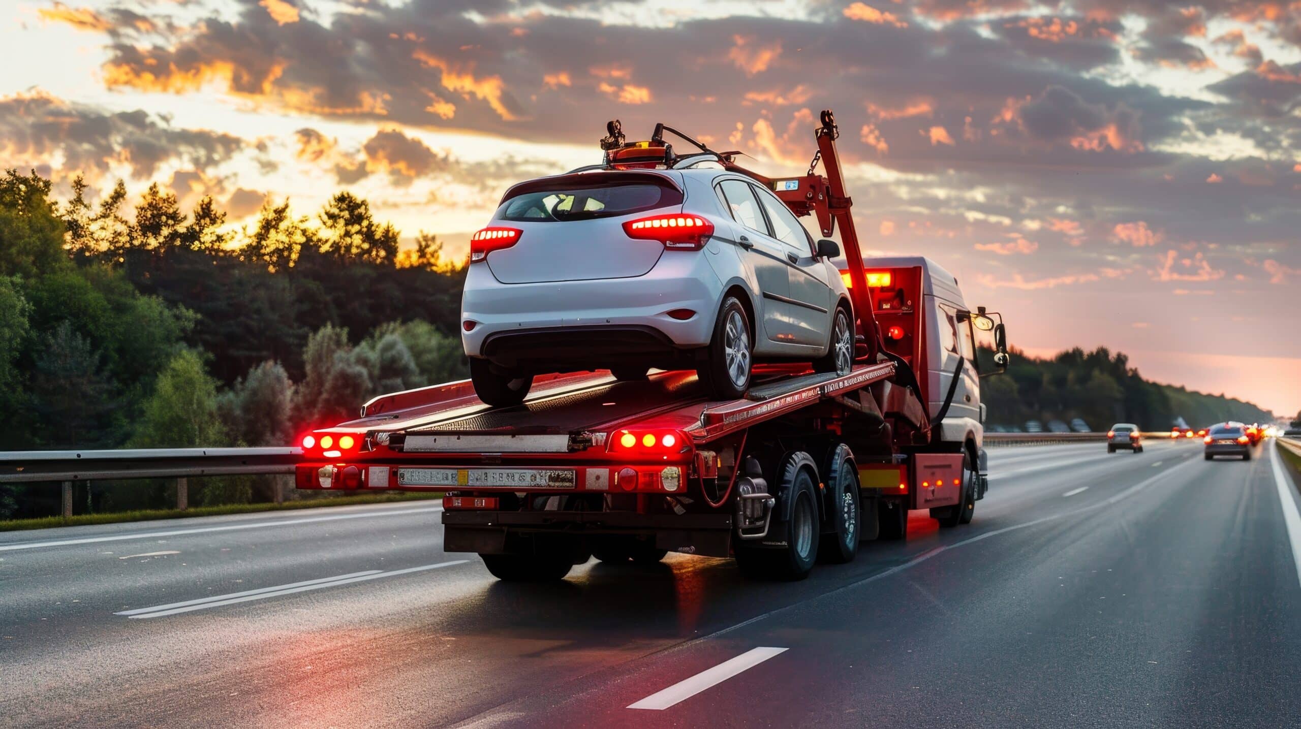 The car is damaged and is being towed